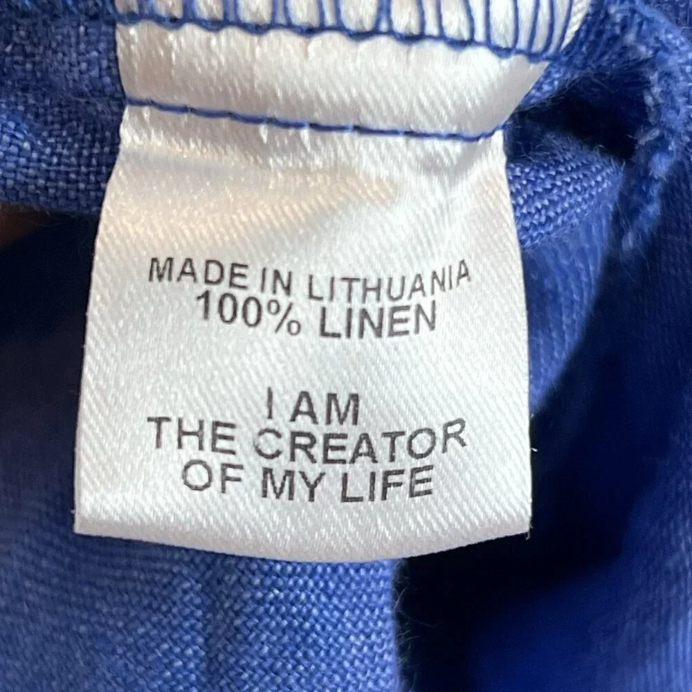 FLAX Blue Linen Shift Dress or Tunic Pullover Size Medium Pockets 3/4 Sleeves - Picture 7 of 8